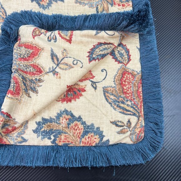 Decorative Square Pillow Cover Floral Blue Fringe Border 17"x17" Set of 2 - Picture 7 of 9
